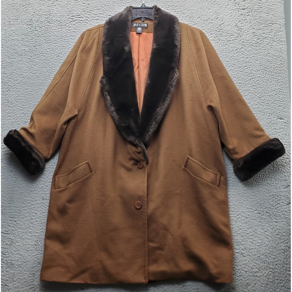 Vtg Steve By Searle Trench Coat Womens 14 Brown Faux Fur Trim Button Front USA